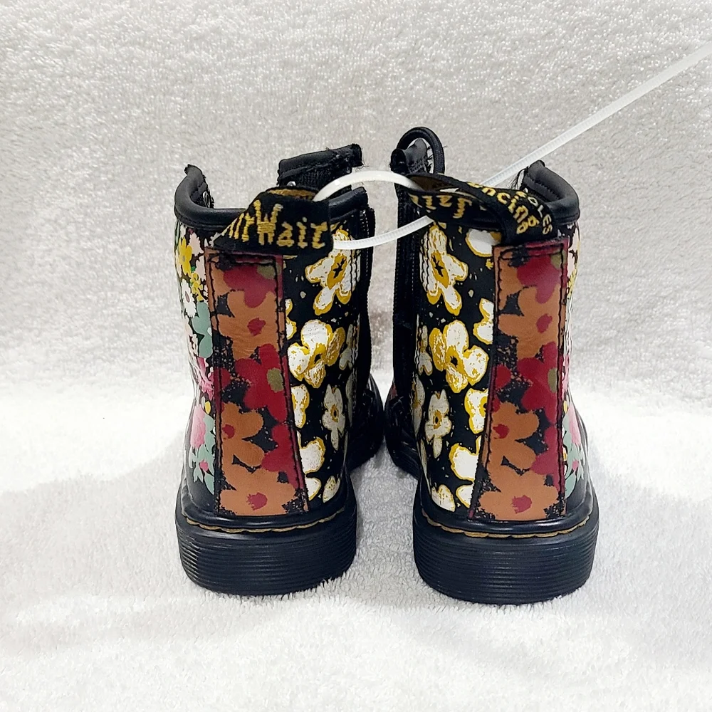 Dr. Martens Kids Floral Combat Boots in Black with Multicolor Flowers